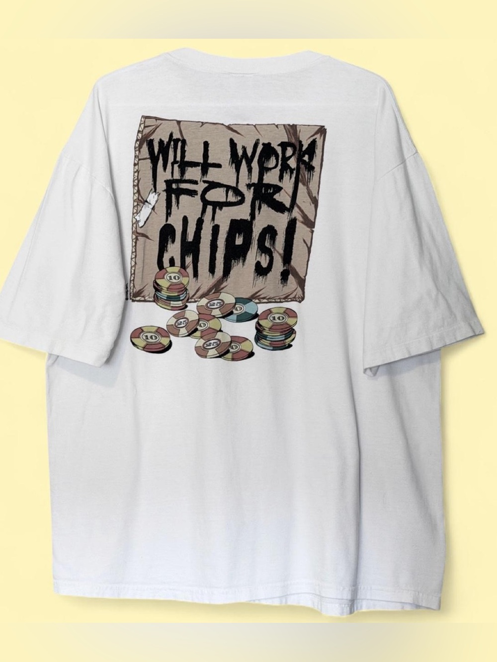 90s USA crazy shirts Will Work For Chips white cotton t-shirt xl